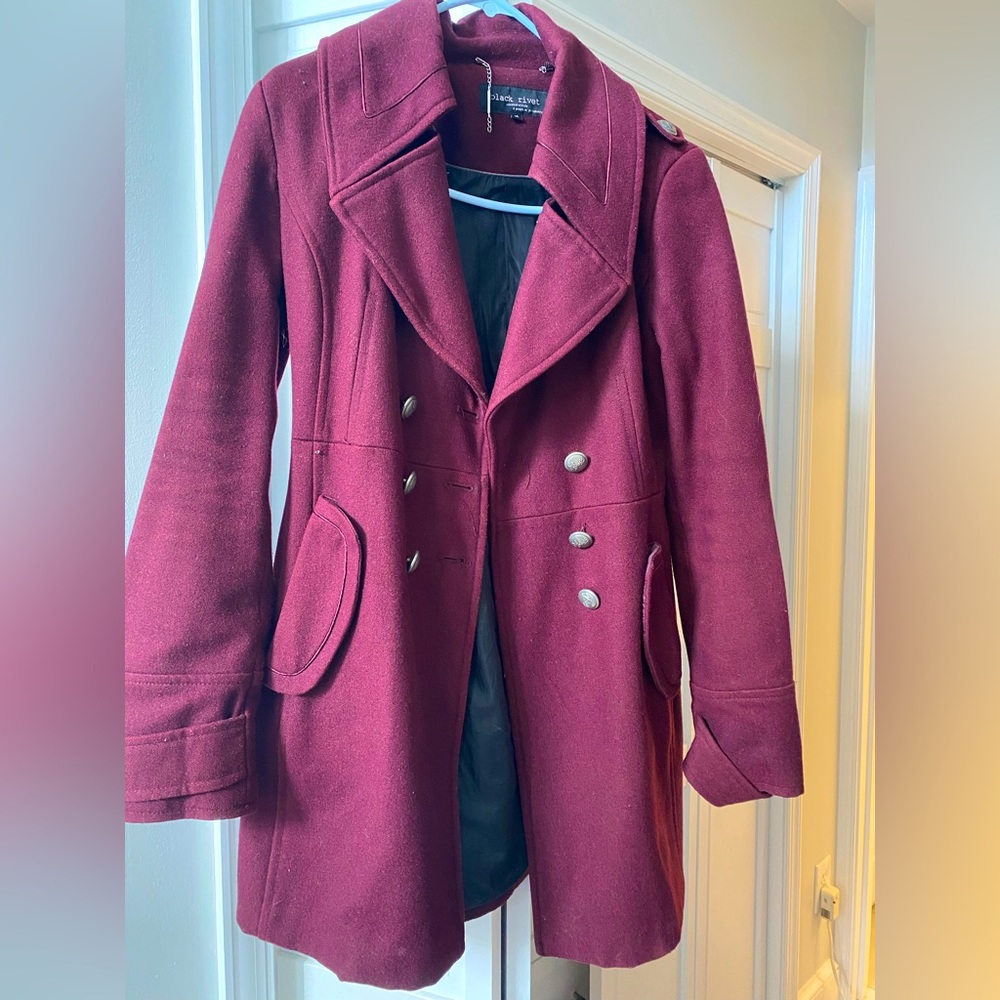 Burgundy peacoat with silver accents
